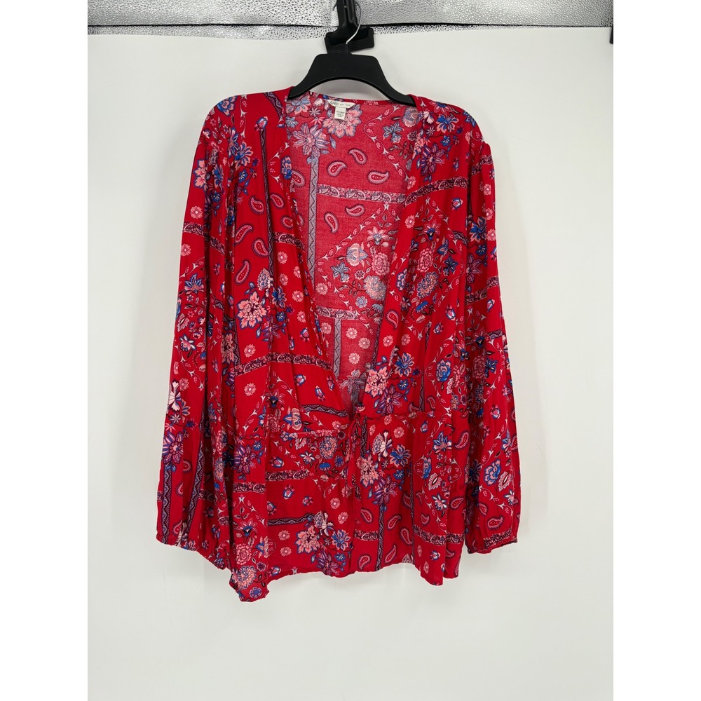 Cato Blouse Womens 26/28W Red Paisley Floral Wrap Tie Front Balloon Sleeve Boho